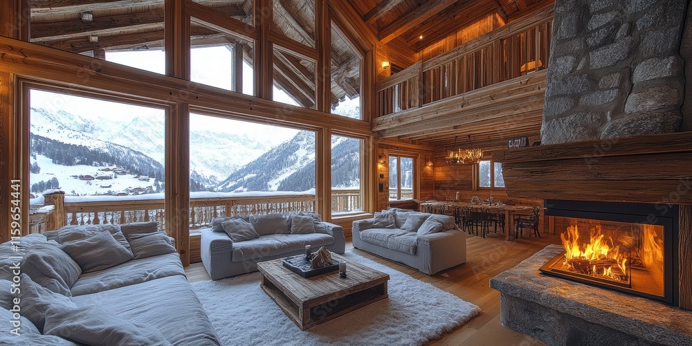 A cozy wooden chalet in the mountains features large windows with breathtaking snowy views and a warming fireplace in the spacious living room A cozy wooden chalet in the mountains features large windows with breathtaking snowy views and a warming fireplace in the spacious living room