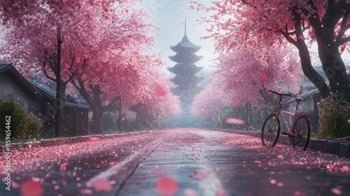 Pink Cherry Blossoms Frame Rainy Street And Pagoda photo