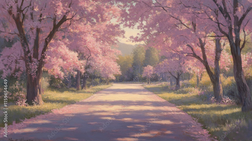 Fototapeta premium Pink Blossom Trees Line A Spring Road