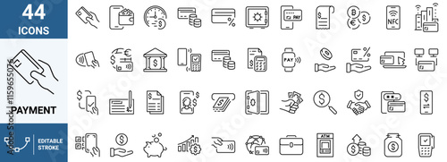 Electronic Payment . Linear icon set. Payment options. Outline payment method symbols. Money transfer. Banking, credit card, cash and transaction symbol. Vector illustration