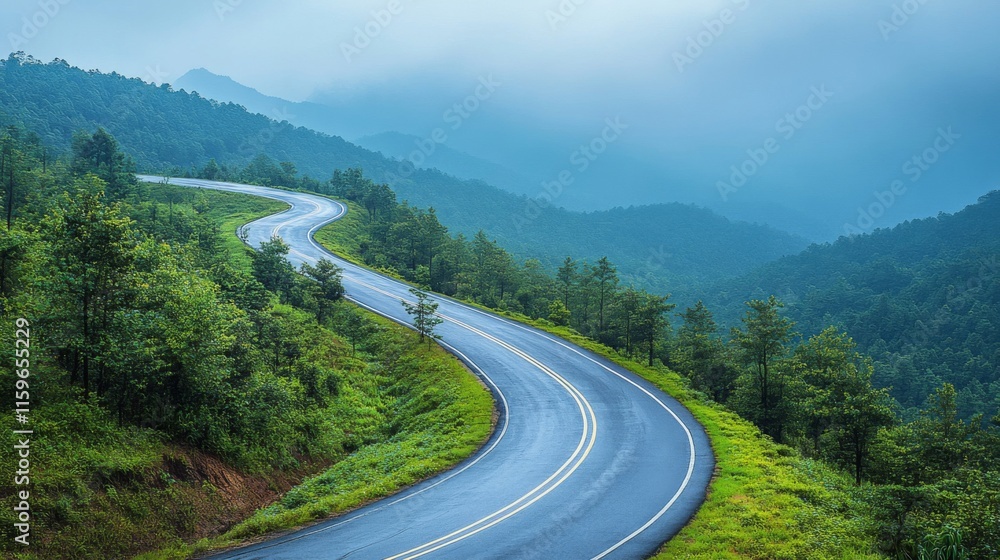 Fototapeta premium Winding Road Through Lush Green Mountain Landscape