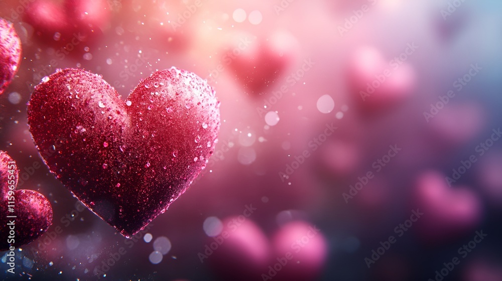 Red heart covered with sparkling droplets on a dreamy, blurred background Red heart covered with sparkling droplets on a dreamy, blurred background