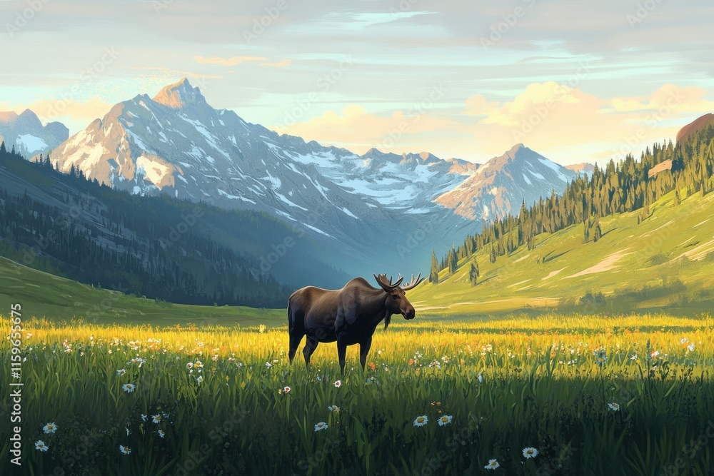 Obraz premium Lone moose at dawn in scenic alpine meadow
