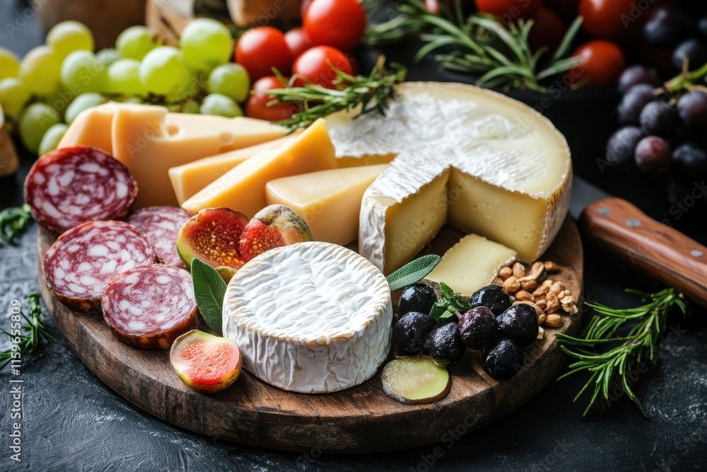 Elegant platter of assorted cheeses, fruits, nuts, and crackers arranged for a gathering Elegant platter of assorted cheeses, fruits, nuts, and crackers arranged for a gathering