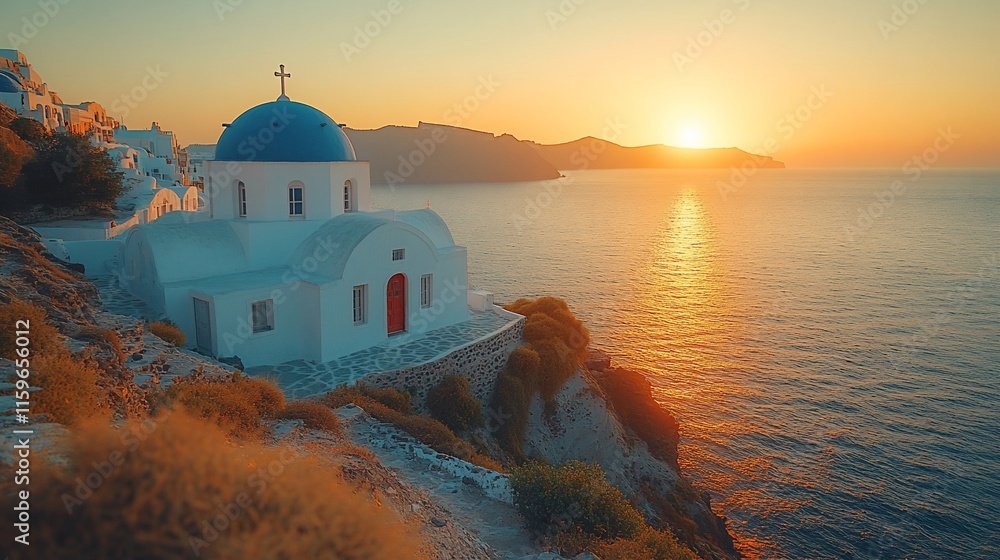 Fototapeta premium Whitewashed Church Dome Sunset Aegean Sea View