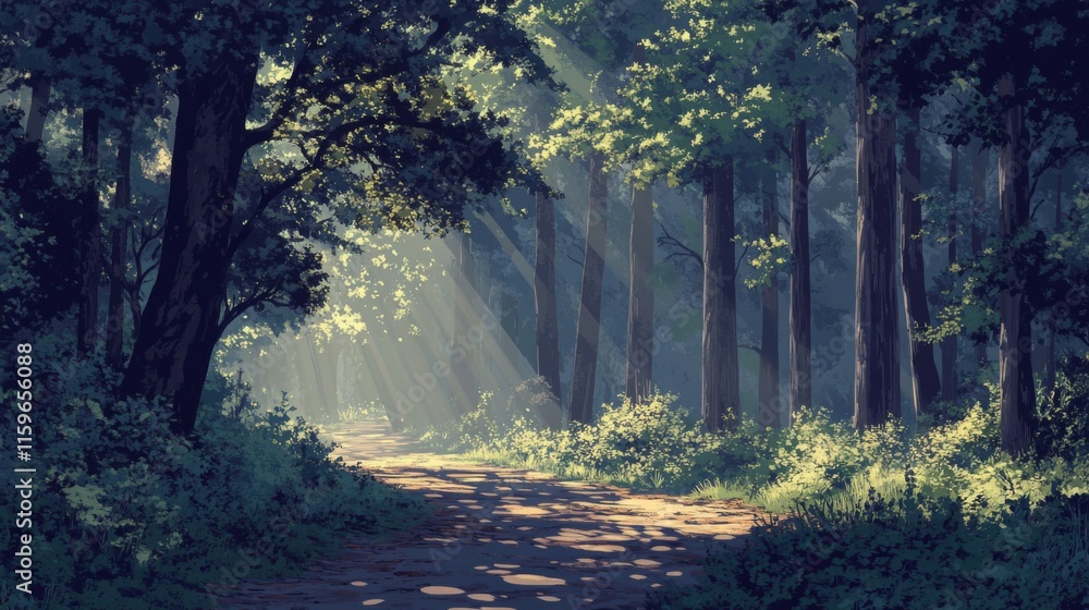 Obraz premium Sunlit Path Through A Lush Green Forest