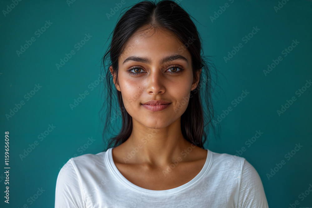 The image shows a person wearing a white shirt against a turquoise background The image shows a person wearing a white shirt against a turquoise background