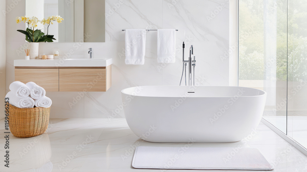 Fototapeta premium Elegant bathroom featuring a freestanding bathtub and modern decor. Generative AI