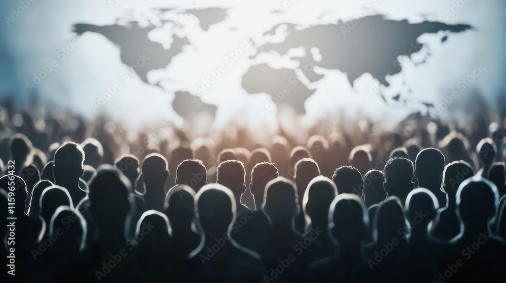 Fototapeta premium Silhouettes of people reflecting on a world map in a global gathering. Generative AI