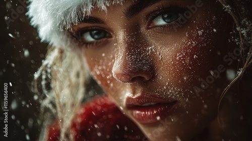 A close-up image of a person in a snow-covered outdoor setting, wearing festive attire, conveying emotions through their expressive eyes and winter setting.