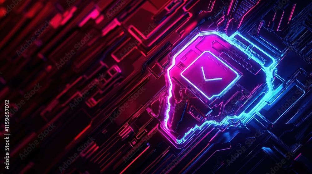 Obraz premium Neon brain icon with check mark on circuit board.