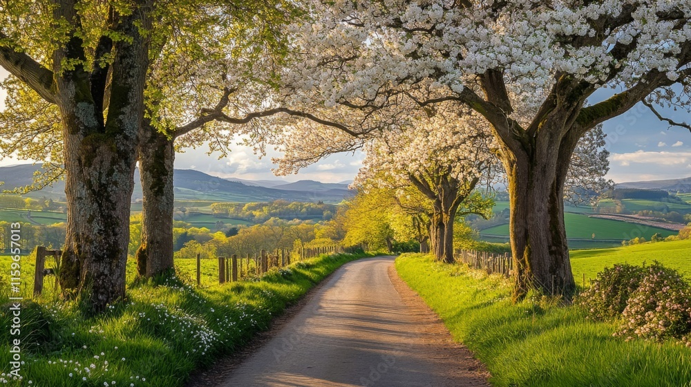 Blossoming Trees Line Country Road Scenic Landscape Blossoming Trees Line Country Road Scenic Landscape