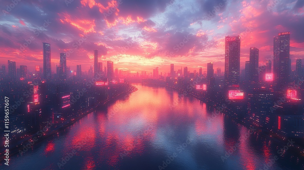 Fototapeta premium Futuristic Cityscape at Sunset River Reflecting Neon Lights