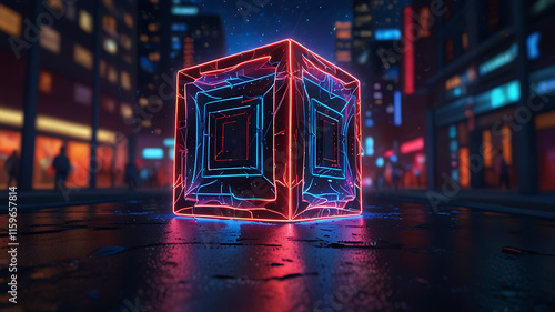 3d render, abstract red blue neon background. Glowing linear volumetric cube in the middle of the city street, under the starry night sky. Digital futuristic wallpaper