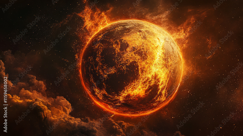 Alien planet landscape with volcano, river, stars and moons in sky. Vector fantasy illustration of planet surface with desert, mountains, smoke clouds from craters. Futuristic background for gui game Alien planet landscape with volcano, river, stars and moons in sky. Vector fantasy illustration of planet surface with desert, mountains, smoke clouds from craters. Futuristic background for gui game