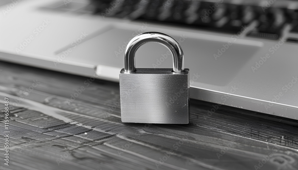 Naklejka premium Metal lock and laptop on table, closeup. Protection from cyber attack