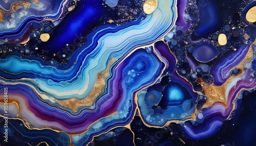 アメジスト、瑪瑙、水晶の断面を捉えたジオードのクローズアップ。青や紫、金色の鉱物層が織りなす美しいテクスチャーは、アート背景、ファブリックプリント、高級装飾に最適です