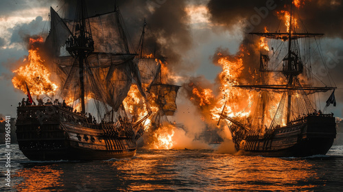 Battleship cartoon web banner. Ship battle, pirate wooden boat with jolly roger flag attack brigantine with cannon fire, corsair war, burning frigates with flame and ragged sails, Vector illustration