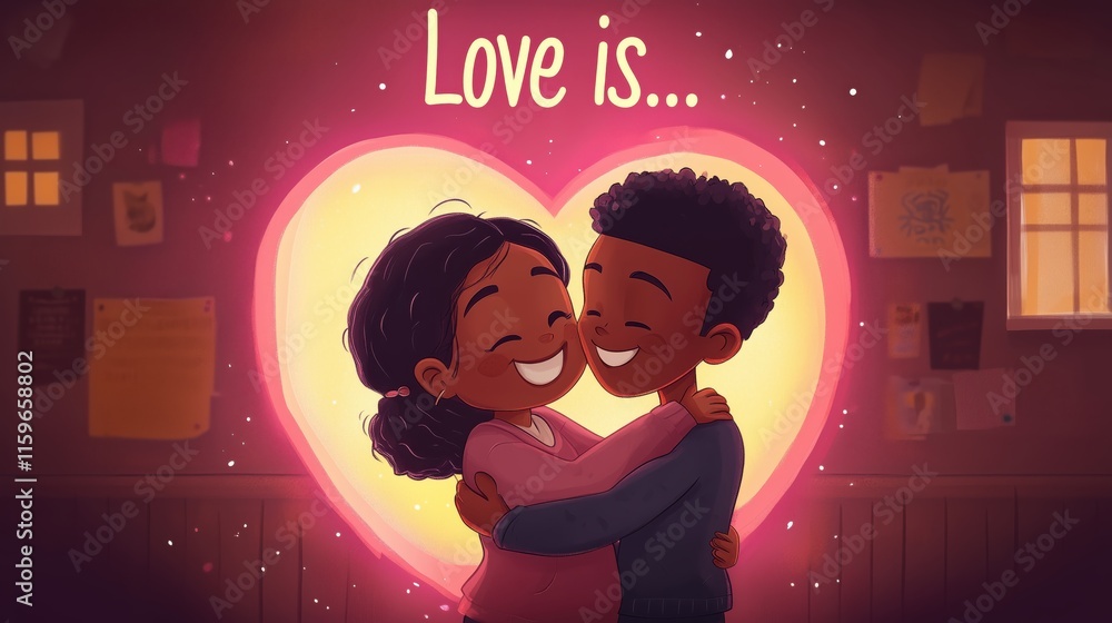 Obraz premium Cartoon Illustrations of African American Couples Embracing with Romantic Heart Backgrounds - Love Concept Art
