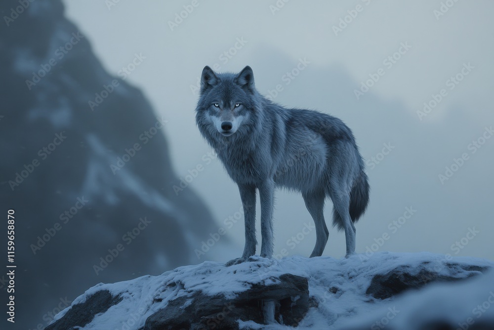 Fototapeta premium Grey wolf in snowcovered wilderness at dawn