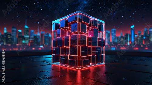 3d render, abstract red blue neon background. Glowing linear volumetric cube in the middle of the city street, under the starry night sky. Digital futuristic wallpaper