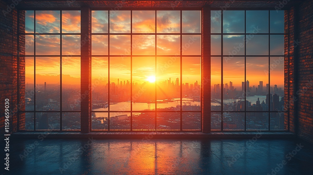 Fototapeta premium Cityscape Sunset Viewed Through Large Industrial Window