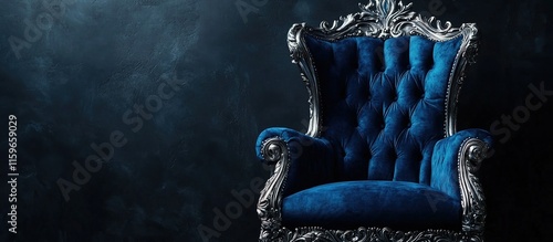 Ornate blue velvet throne chair against a dark smoky background. photo