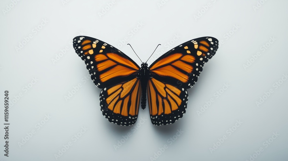 Obraz premium A lone monarch butterfly flutters against a plain white backdrop.