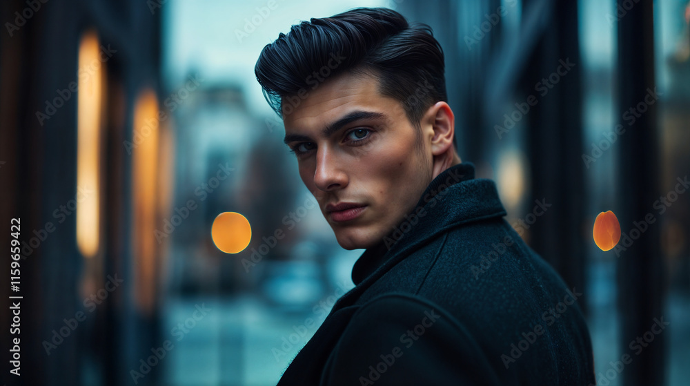 Fototapeta premium The image features a person wearing a dark coat, standing in an urban setting with blurred background lights