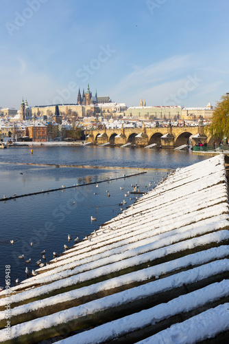 Obraz na płótnie Snowy Prague Lesser Town with Prague Castle above River Vltava, Czech republic w salonie