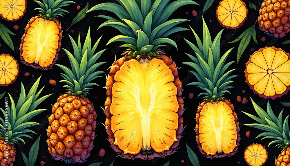 illustration of Sliced Pineapples in comic style illustration of Sliced Pineapples in comic style