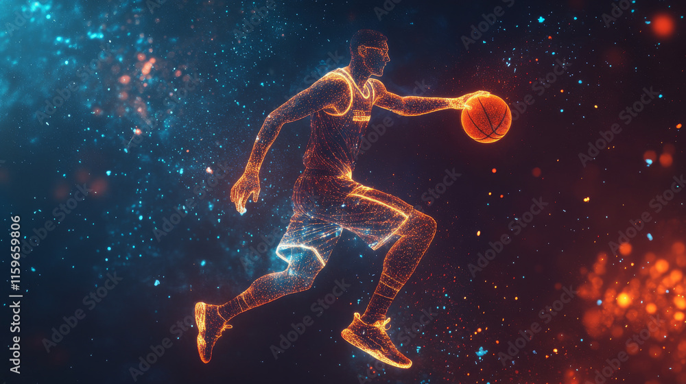 Hologram basketball. Holographic projection basketball player. Flickering energy flux of particles. The scientific design of basketball Hologram basketball. Holographic projection basketball player. Flickering energy flux of particles. The scientific design of basketball