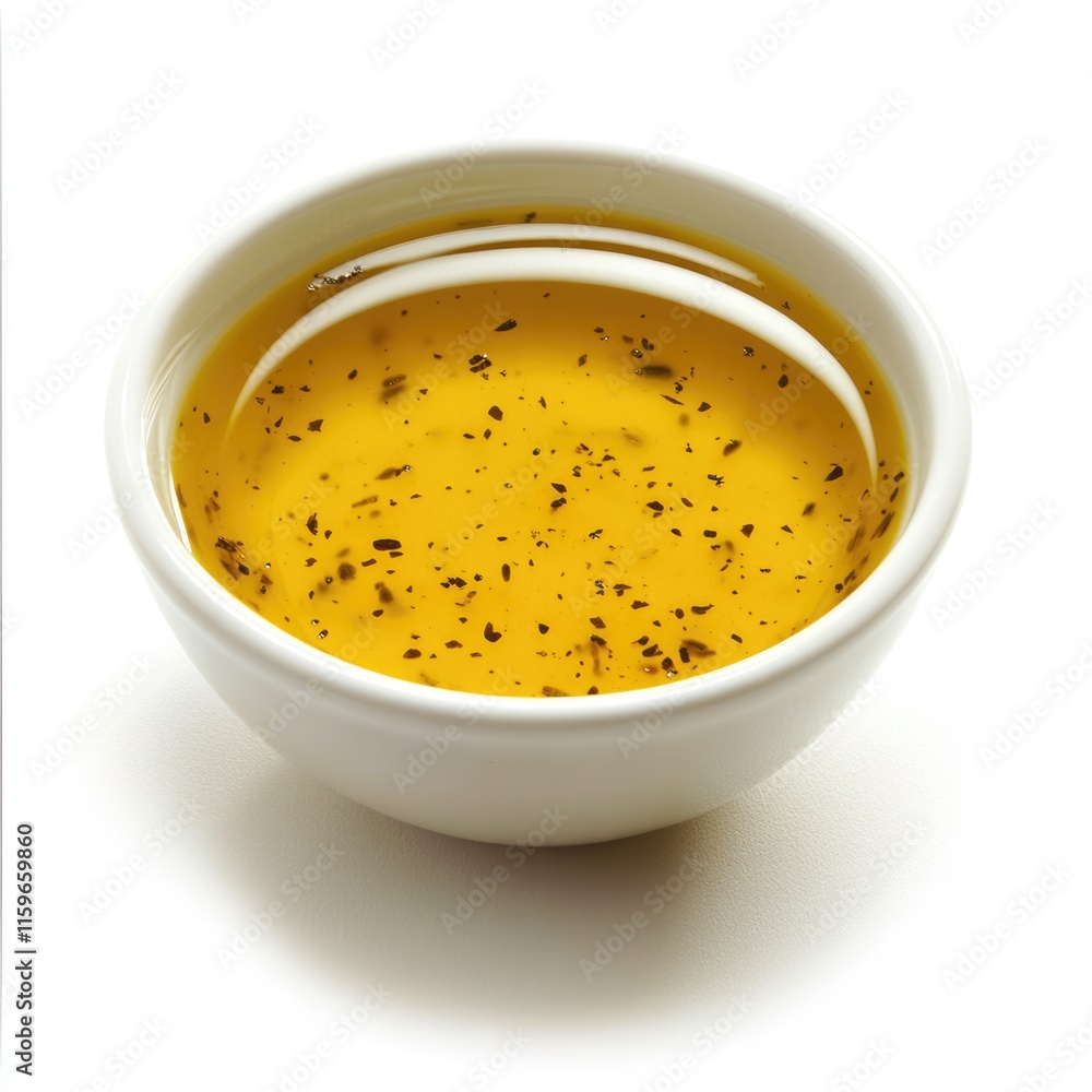 Vibrant Italian Salad Dressing in a Bowl: A Delicious Blend of Vinegar and Olive Oil on a White Background Vibrant Italian Salad Dressing in a Bowl: A Delicious Blend of Vinegar and Olive Oil on a White Background