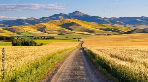 Winding dirt path through golden fields serene rural landscape daylight view nature's tranquility