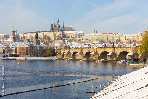 Obraz na płótnie Snowy Prague Lesser Town with Prague Castle above River Vltava, Czech republic w salonie