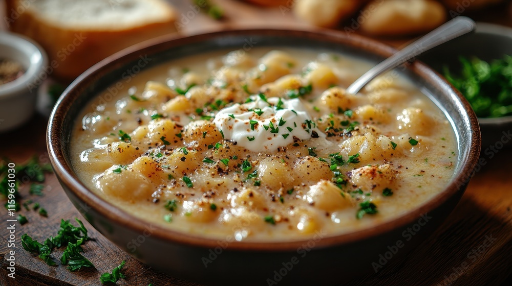 Bowl of Chowder Being Garnished with a Spoonful of Herbs Bowl of Chowder Being Garnished with a Spoonful of Herbs