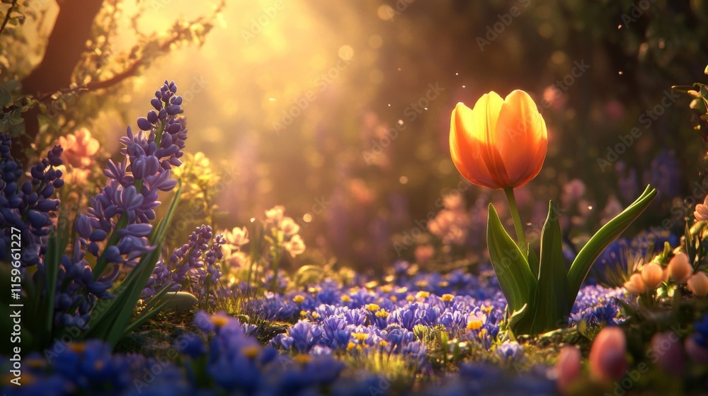 Fototapeta premium Golden Hour Tulip Amidst Springtime Blossoms