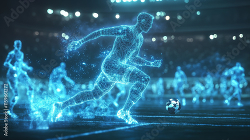 Fototapeta Naklejka Na Ścianę i Meble -  Hologram football. A holographic projection of a football player. Flickering energy flux of particles. The scientific design of the sport.