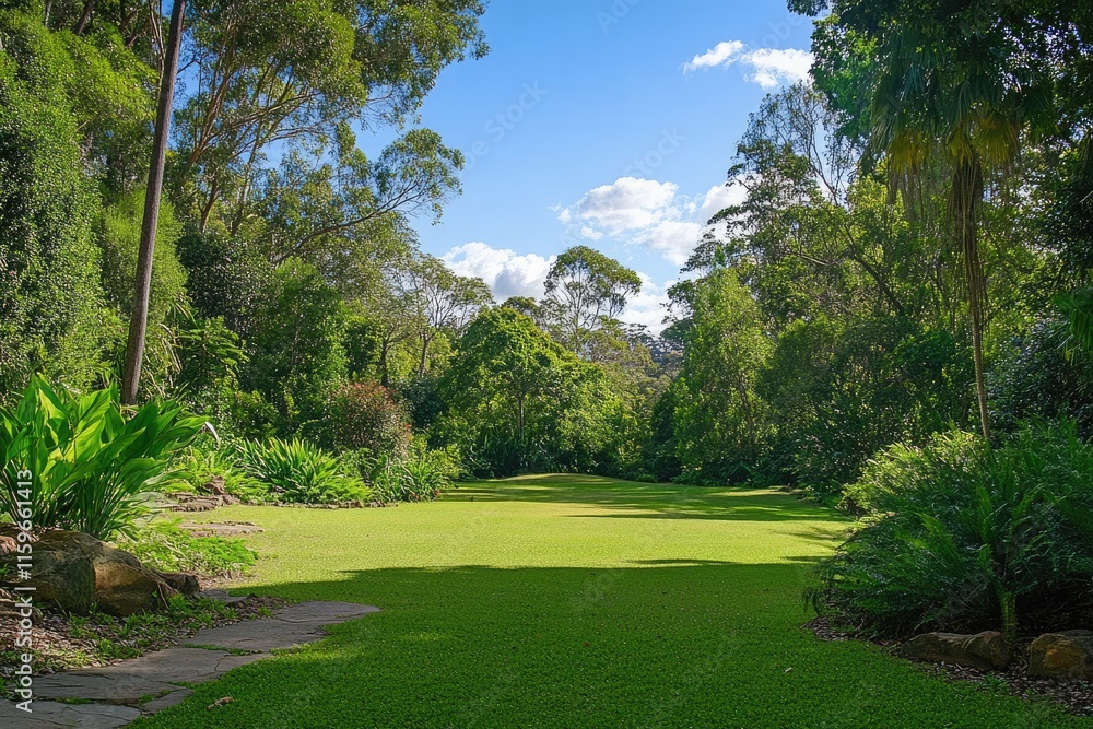 Fototapeta premium Breathtaking Lush Park Landscape Surrounded by Verdant Trees and Vibrant Green Grass in Summer Serenity