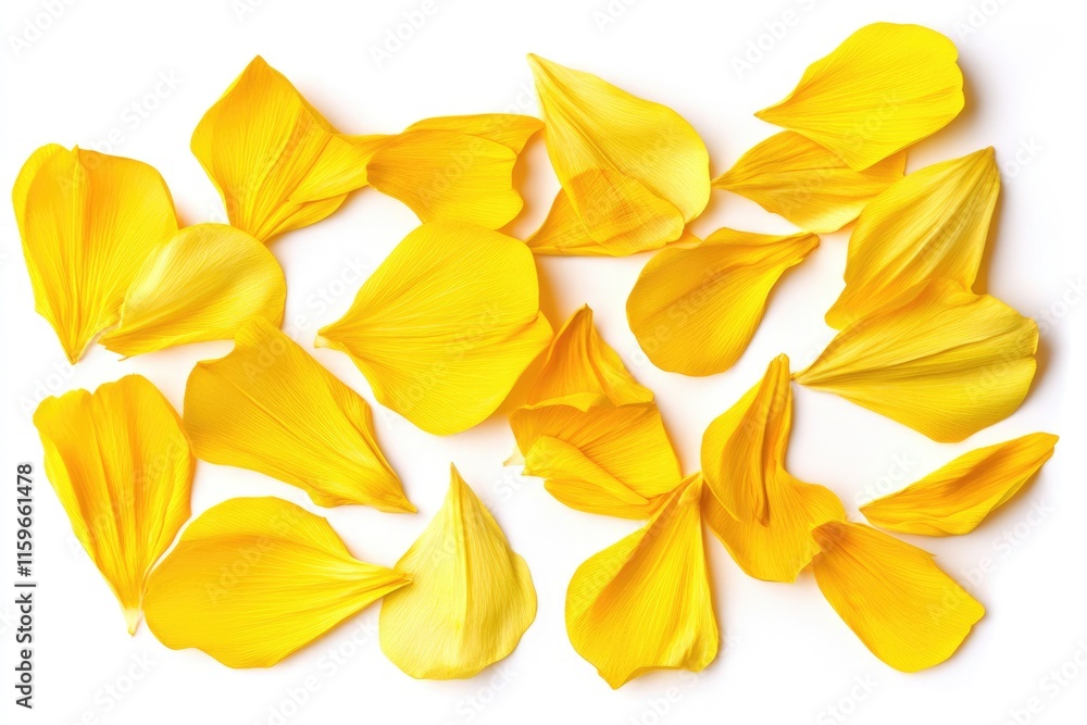 Fototapeta premium Collection of Isolated Sunflower Petals on a Bright White Backdrop, Flat Lay from Above