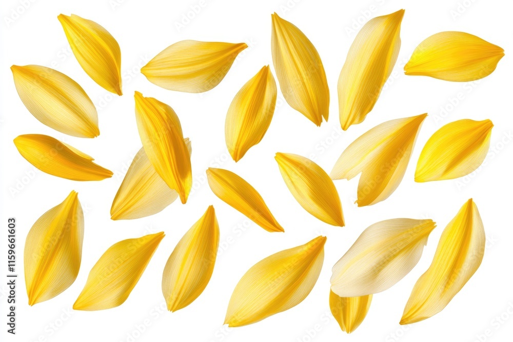 Isolated Collection of Sunflower Petals on a Crisp White Backdrop - Top View Display Isolated Collection of Sunflower Petals on a Crisp White Backdrop - Top View Display
