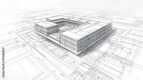 Wallpaper Mural Wireframe blueprint drawing of 3D building. Vector architectural template background. Torontodigital.ca