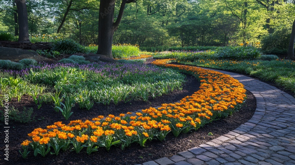 Obraz premium Winding Garden Path With Orange And Purple Flowers