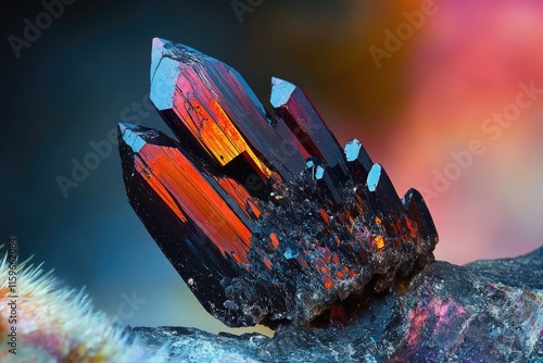 Stunning Macro Closeup of Hubnerite Mineral from Pasto Bueno, Peru. Submetallic Black Crystals with Intricate Striations Showcasing the Beauty of Tungsten. photo