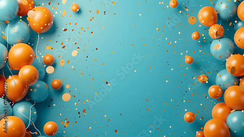 blue and orange balloons against a teal backdrop with flying confetti representing the perfect party scene, filled with celebratory energy and festive decorations
