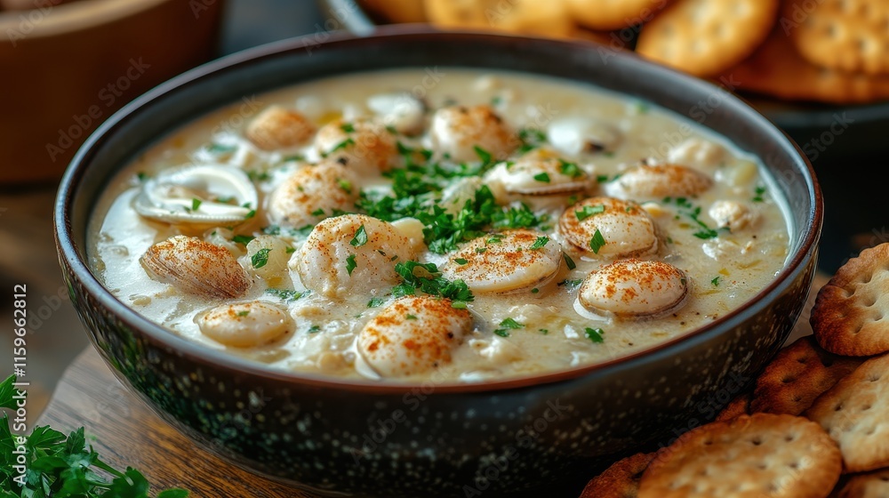 Bowl of Creamy New England Clam Chowder Garnished with Parsley Bowl of Creamy New England Clam Chowder Garnished with Parsley