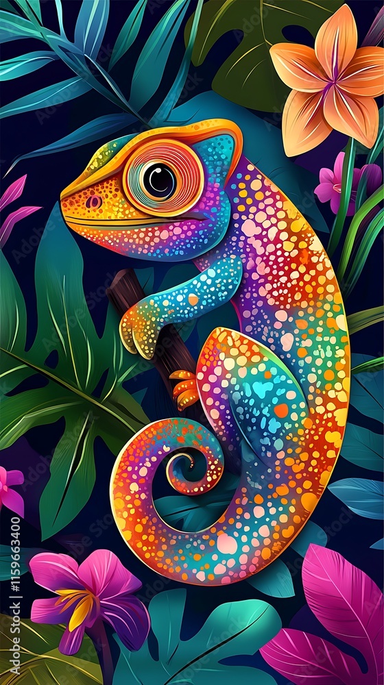 Obraz premium A vibrant chameleon perched among colorful tropical plants and flowers.
