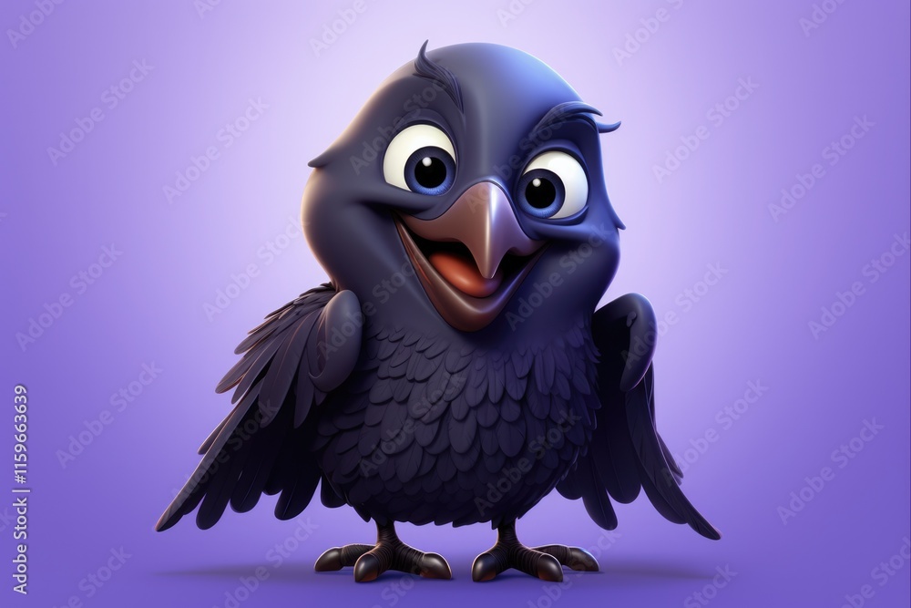 Fototapeta premium Happy Cartoon Raven - Cute 3D Bird Character Illustration with Funny Expressive Eyes