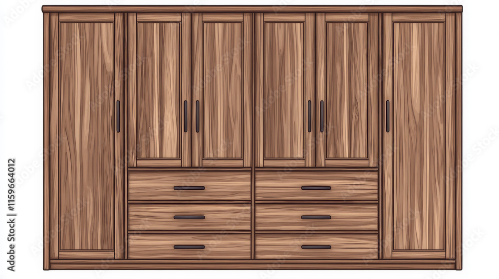 Fototapeta premium Wooden wardrobes, cabinets for bedroom interior isolated on white background. Vector cartoon set of brown closets for clothes and shoes storage, wood storing furniture with doors and drawers