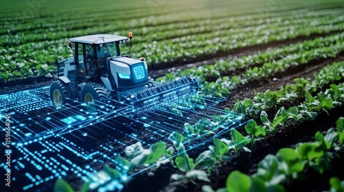 Aerial shot of a harvester at work with AI data analysis and futuristic digital overlays highlighting ecosustainable and computerized harvesting solutions photo